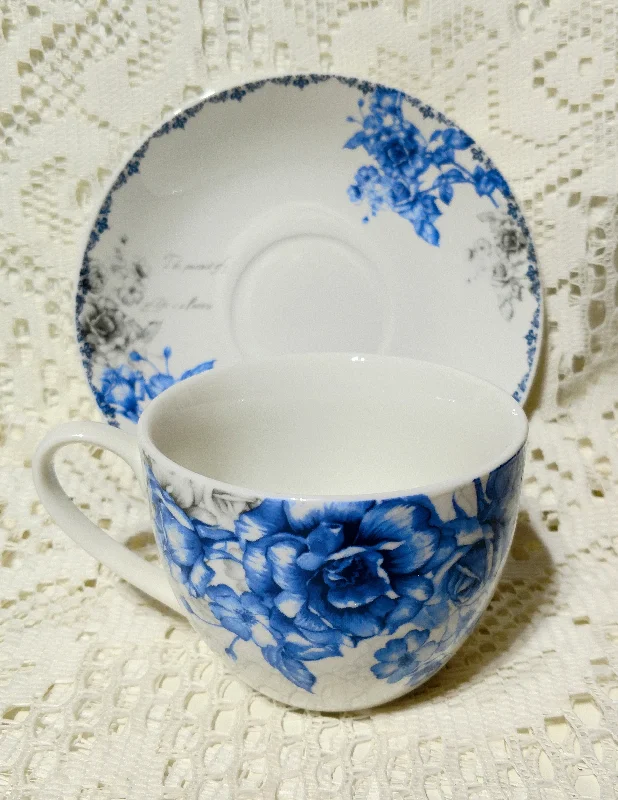 fun design coffee mug for office -Blue & Gray England Rose Fine Porcelain Teacups and Saucers Set of 6