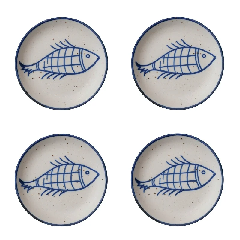 reusable bamboo dinnerware for weddings -Hand Painted Stoneware Plate with Fish Design - 7.0"L x 7.0"W x 0.8"H