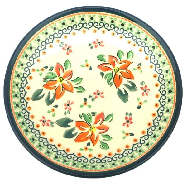 eco-friendly porcelain dinnerware for family meals -Orange and Green Floral Polish Stoneware 8-inch Salad Plate (Poland)