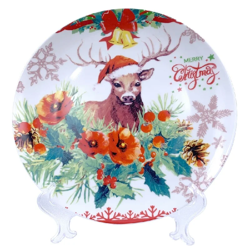 stylish bamboo plates for daily meals -Christmas Reindeer Round Appetizer Plate 7" with Plate Holder