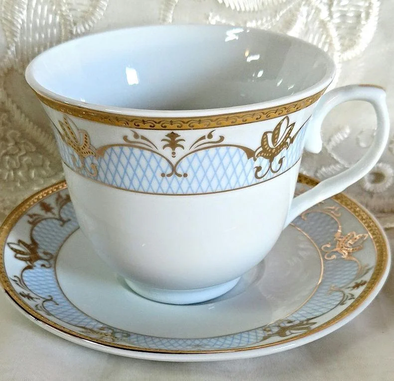 cute holiday coffee mug -Set of 6 Cassandra Gold and Pale Blue Wholesale Tea Cups and Saucers