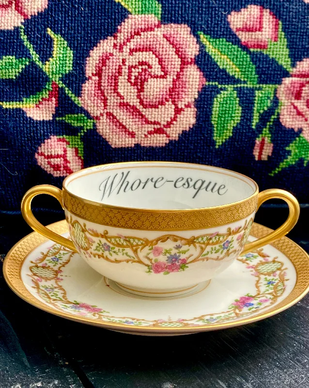 cute coffee cup for kids -Vintage Whore-esque insult teacup and saucer.