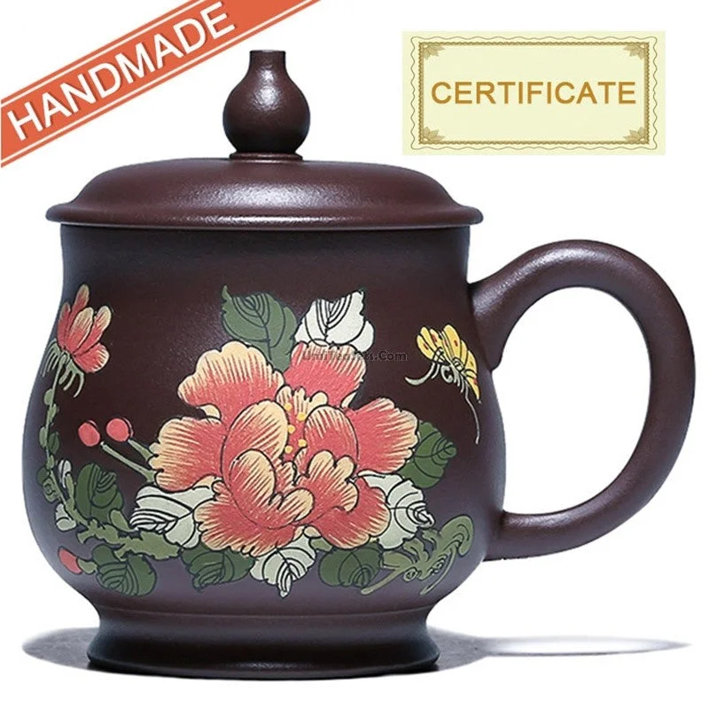 custom printed ceramic mug -Handmade Yixing Purple Clay Peony Tea Cup