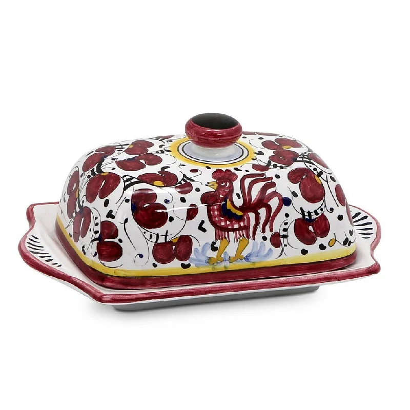 stylish porcelain plates for catering events -ORVIETO RED ROOSTER: Butter Dish with Cover