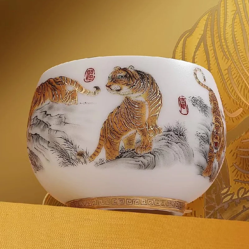 reusable thermal coffee mug -Jingdezhen "Five Tigers Pose" Tea Cup in Gift Box