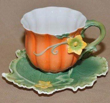 cute travel mug for office -Painted Fall Pumpkin Tea Cup and Saucer  (Teacup) - FREE Pumpkin Spice Tea Included!