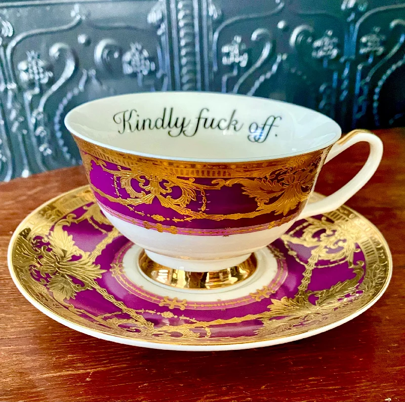 gift coffee mugs for friends -Purple Perfection kindly fuck off cup and saucer