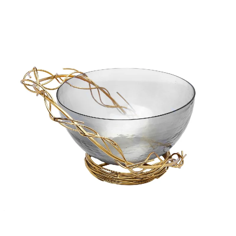 stylish bamboo plates for large events -Smoked Glass Salad Bowl with Gold Twig Design