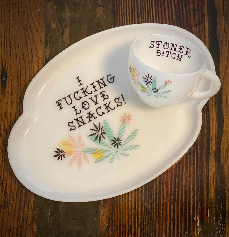 insulated glass coffee mug -I fucking love snacks! | vulgar vintage 1950’s milk glass tea cup and snack plate