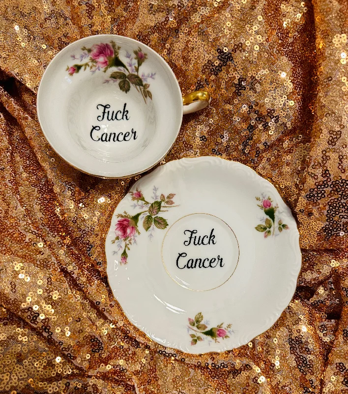 personalized coffee mug for birthday -Fuck Cancer| vulgar vintage Ucago Japan tea cup with matching saucer