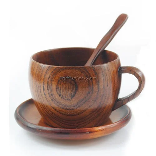 eco-friendly coffee cup -Wooden Tea Cup With Saucer And Spoon (Set of 2)