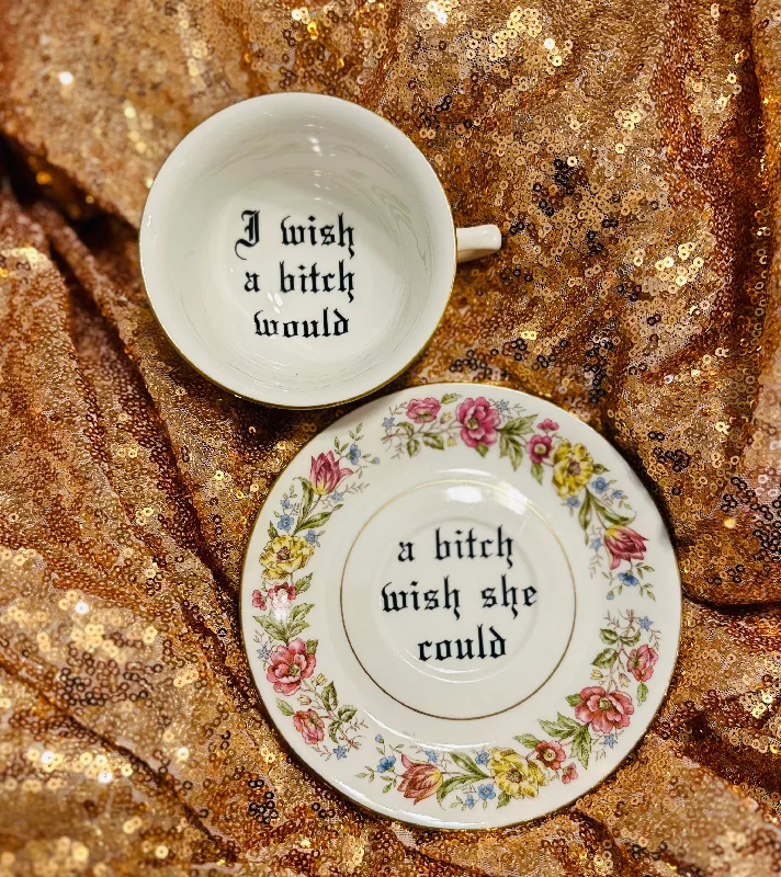 insulated coffee cup with handle -I wish a bitch would, a bitch wish she could | Vulgar vintage Embassy USA floral cup and saucer set