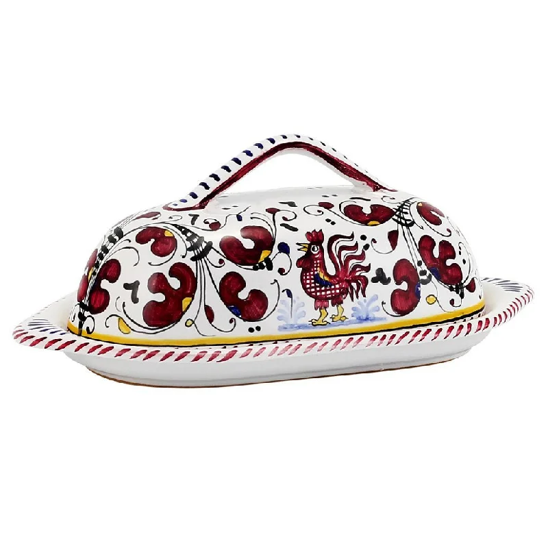 reusable bamboo serving plates for daily use -ORVIETO RED ROOSTER: Butter Dish with Cover