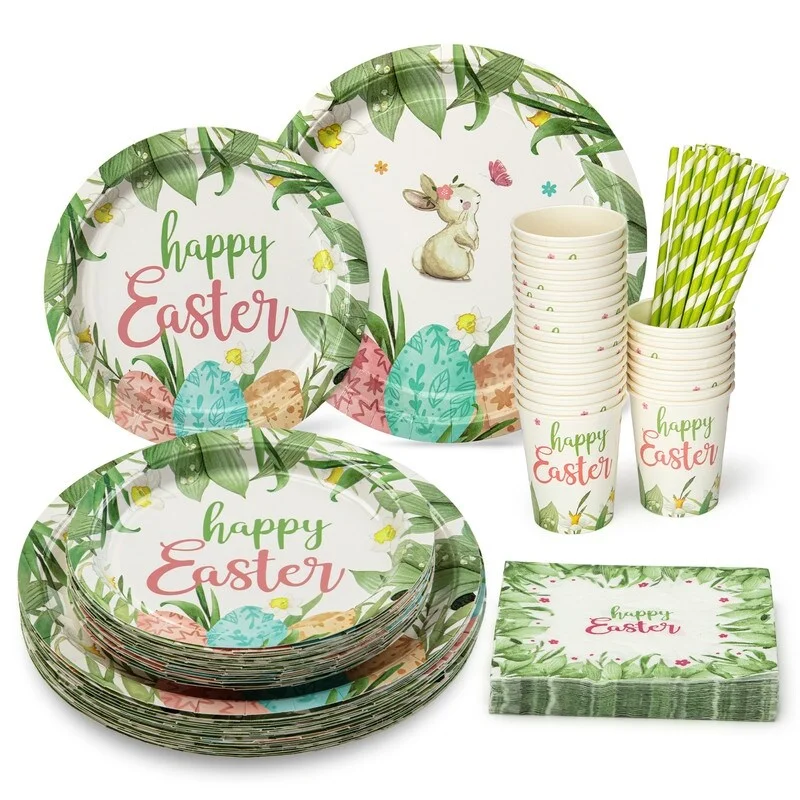 luxury bamboo serving plates for large gatherings -125Pcs Easter Party Supplies