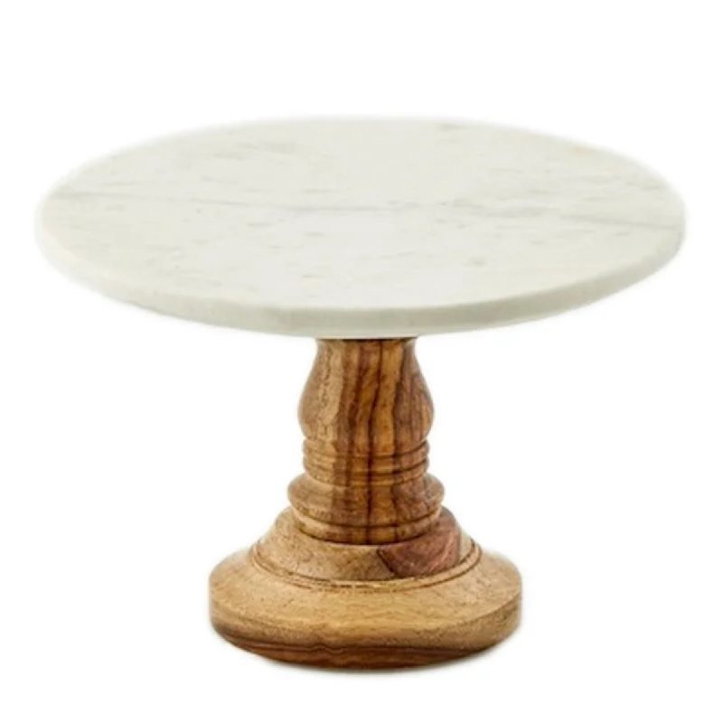 luxury bamboo serving trays for large events -Med. White Marble Cake Plate W/Mango Wood Stand