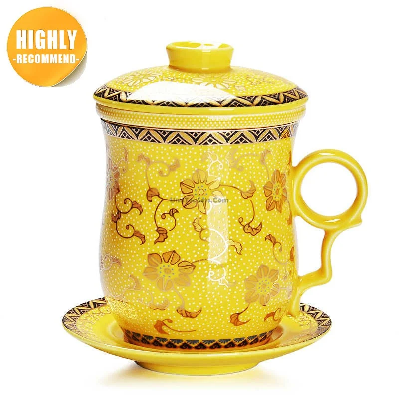 large coffee cup for tea lovers -Yellow Chinese Tea Cup With Lid And Saucer