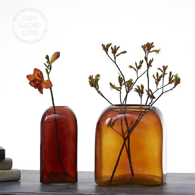 geometric handmade flower vase for modern living room -Amber Square Glass Bubble Vases