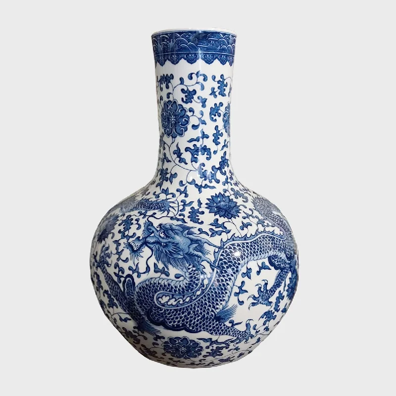 geometric ceramic handmade flower vase for home centerpiece -Chinese Vase with Hand-Painted Blue Dragon