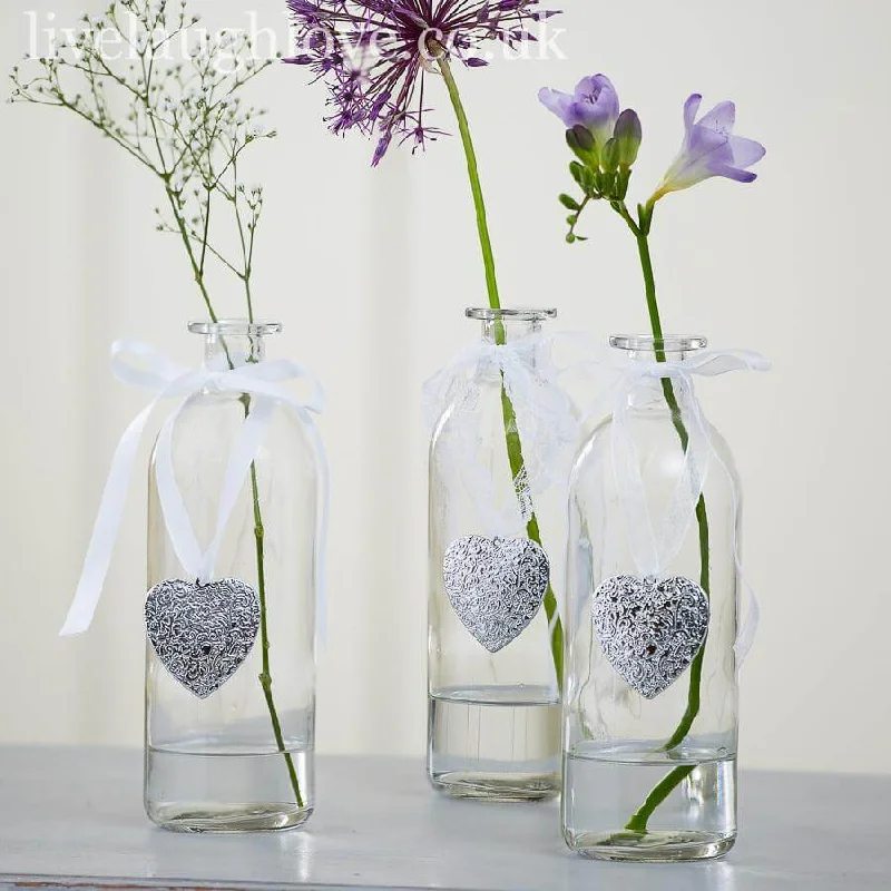 decorative handmade flower jar for living room centerpieces -Clear Glass Bottle Vases With Ribbon & Heart - Set Of 3