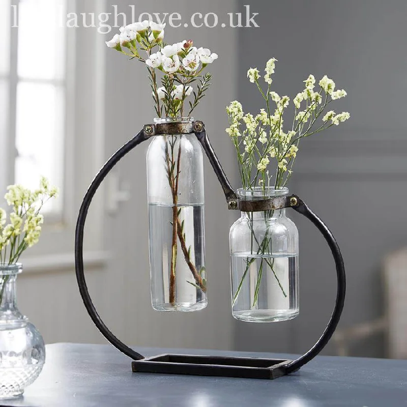 contemporary geometric handmade crystal flower vase for wedding -Duo Of Bottle Vases In Metal Holder