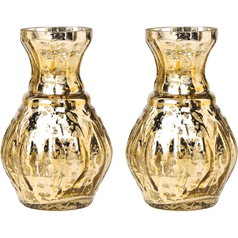 large handmade geometric crystal flower vase for living room -2 PACK | Vintage Mercury Glass Vases (4-Inch, Bernadette Mini Ribbed Design, Gold) - Decorative Flower Vase - For Home Decor and Wedding Centerpieces