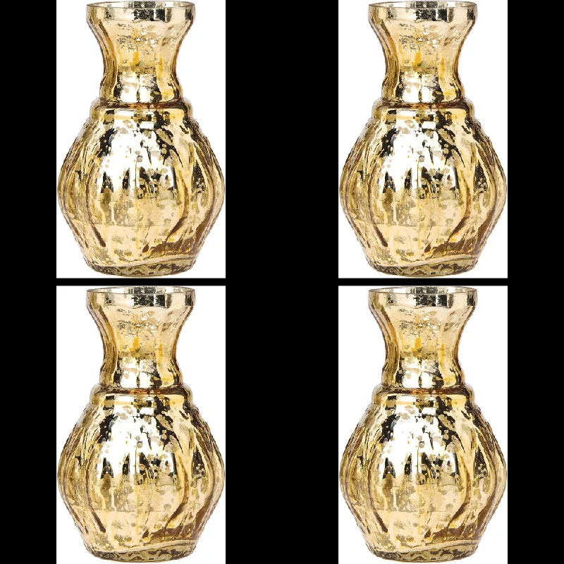 unique handmade geometric flower vase for wedding centerpiece -4 Pack | Vintage Mercury Glass Vases (4-Inch, Bernadette Mini Ribbed Design, Gold) - Decorative Flower Vase - For Home Decor and Wedding Centerpieces