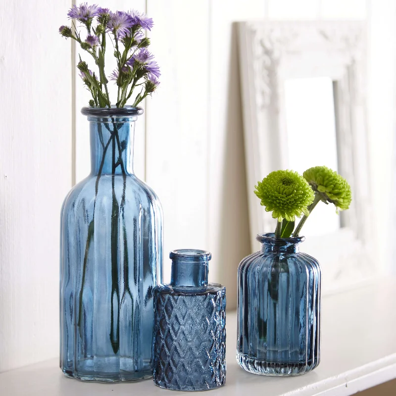 tall handmade geometric flower jar for home floral arrangements -Set of 3 Glass Vases - Sapphire Blue