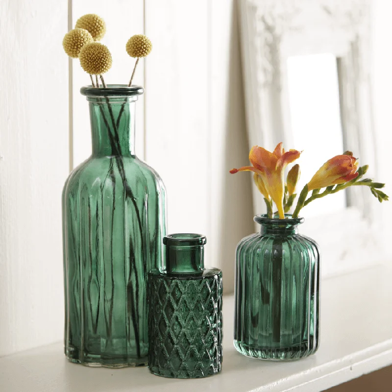 geometric flower vase for home floral designs -Green Glass Vases -  Set of 3