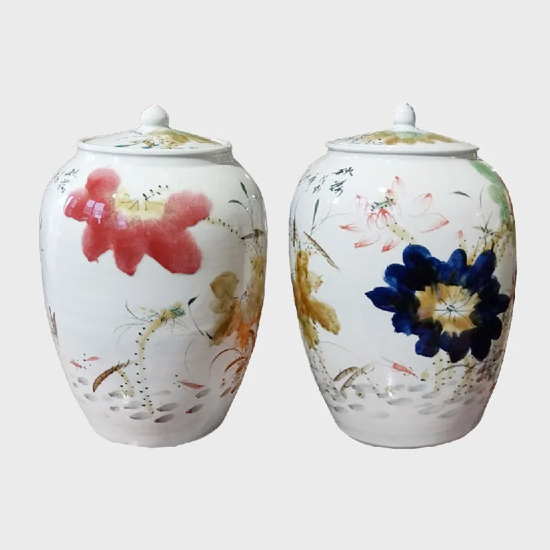 tall decorative handmade ceramic flower vase for living room -Pair of two Chinese ceramic vases lotus flower motif and lid