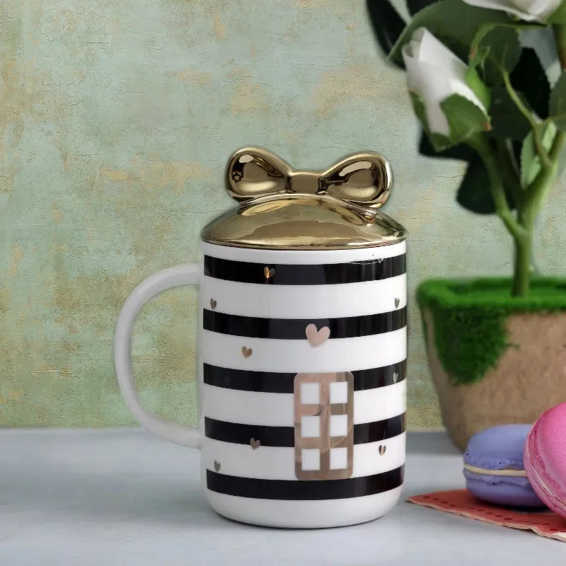 elegant ceramic tea cup -Adorable Striped Door Mug with Bow Lid | 350 ml | Multiple Colors (For Creators)