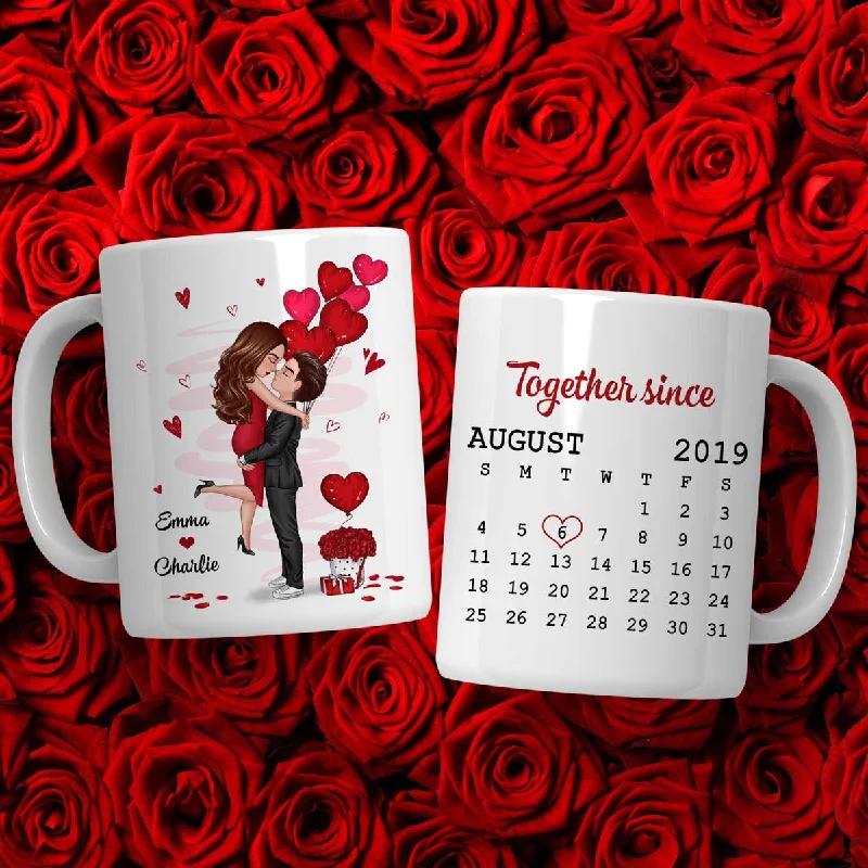 affordable travel mug -Be Mine Doll Couple Kissing Calendar Personalized Mug - Gift For Him Gift For Her