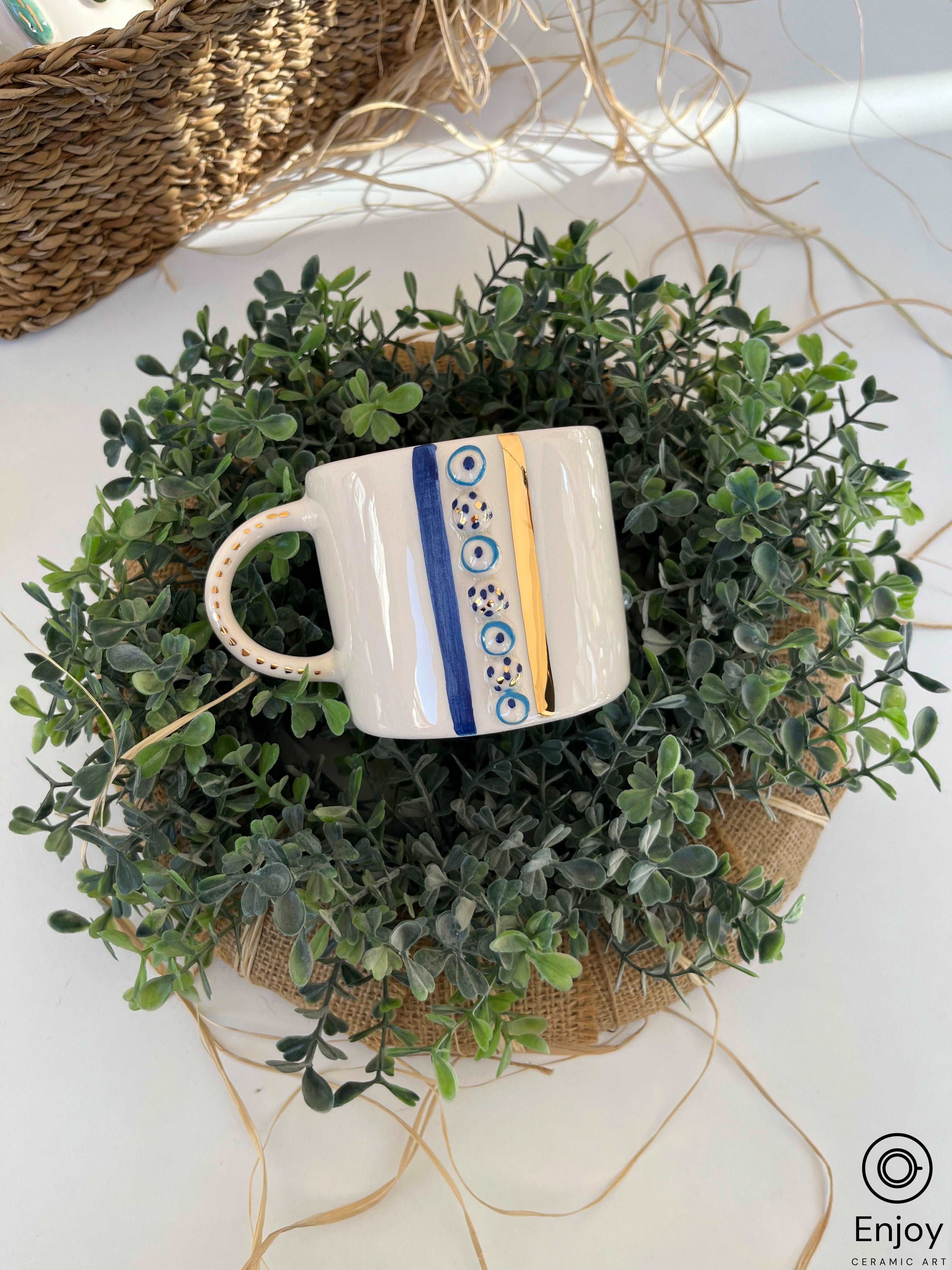 high-quality travel mug -Blue Way Mug: Handmade Ceramic Coffee Mug with Blue Evil Eye Design & Gold Details - Unique Hand Thrown 10 oz Pottery Coffee Cup