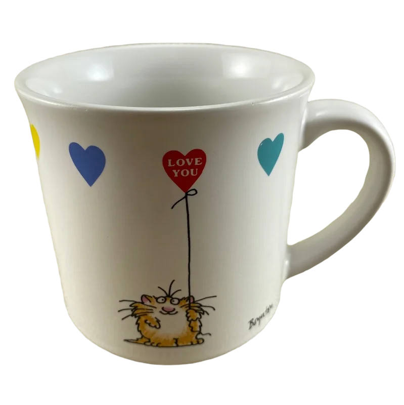 personalized travel cup with name -Cat Holding Multiple Colored Heart Shaped Balloons Love You Sandra Boynton Mug Recycled Paper Products