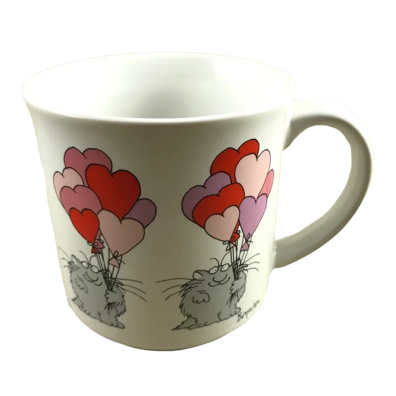 funny custom coffee mug -Cat Holding Heart Shaped Balloons Sandra Boynton Mug Recycled Paper Products