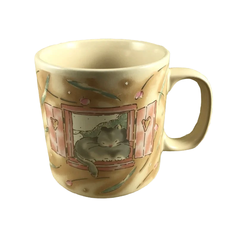 decorative coffee mug -Cat Sleeping In Window With Floral Background Mug Michel & Company