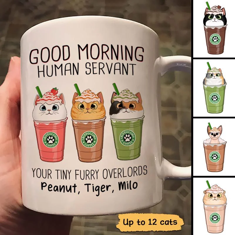 cute coffee mug for friends -Catpuccino Good Morning Human Servant Fluffy Cats Personalized Mug