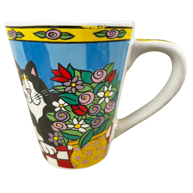 double-walled tea mug -Catzilla Candace Reiter Designs Colorful Cats & Flowers Mug Henriksen Imports