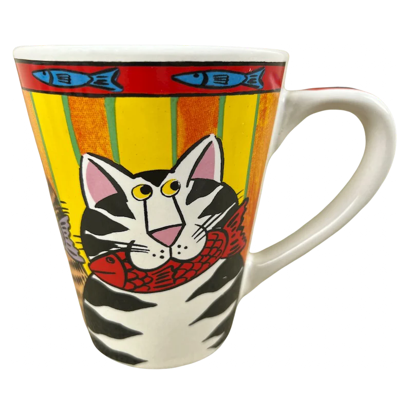 cute coffee mug for friends -Catzilla Candace Reiter Designs Colorful Cats With Fish In Their Mouths Mug Henriksen Imports