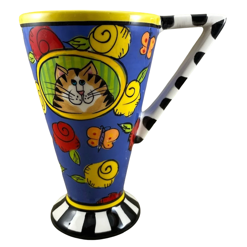 hand-crafted coffee cup -Catzilla Candace Reiter Designs Colorful Smiling Cat Pedestal Mug Henriksen Imports