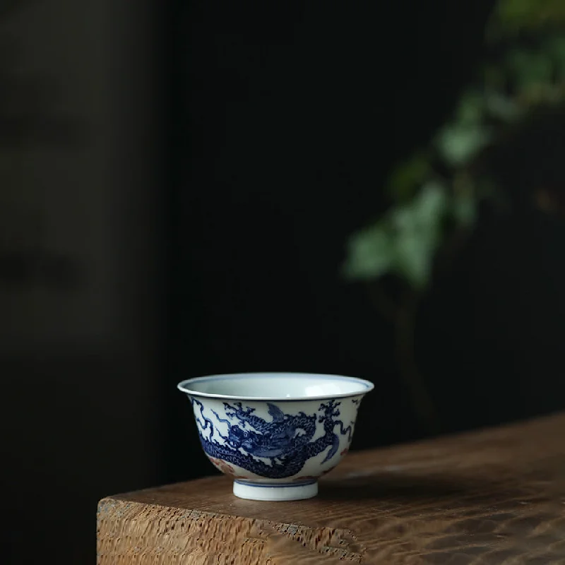 high-quality coffee mug for tea -Gohobi Hand-painted Wood-fired Blue & White Dragon Porcelain Tea Cup