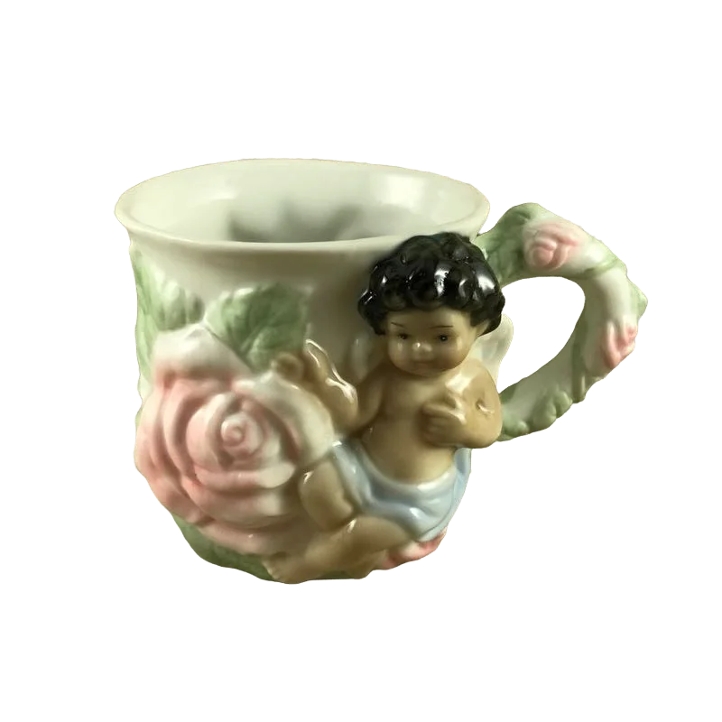 insulated coffee travel cup -Cherub Boy With Dark Hair And Pink Roses Figural Mug Avon