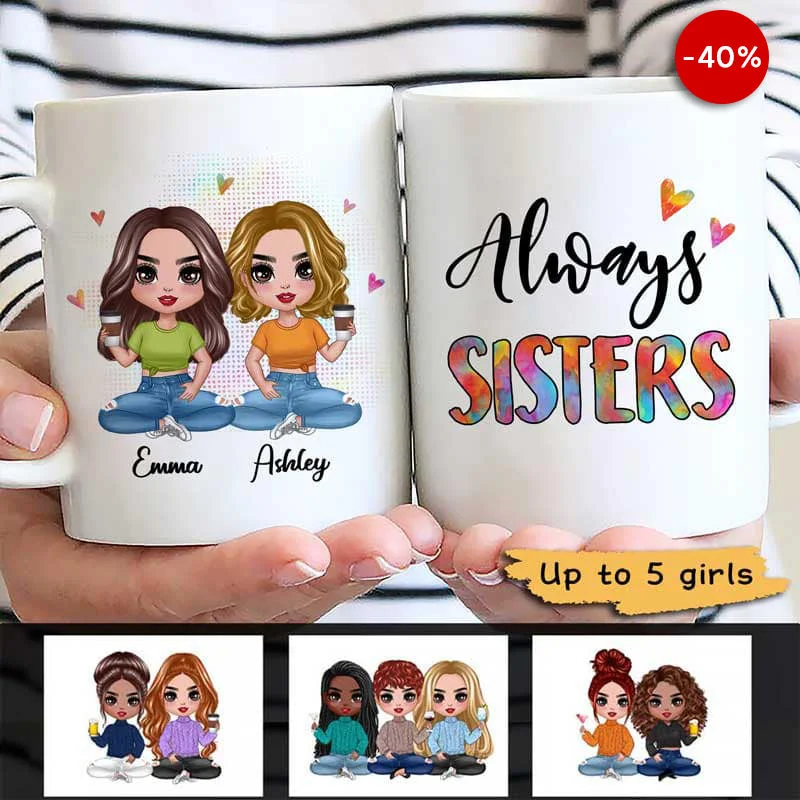 simple coffee cup with design -Colorful Patterned Sitting Doll Besties Sisters Siblings Personalized Mug