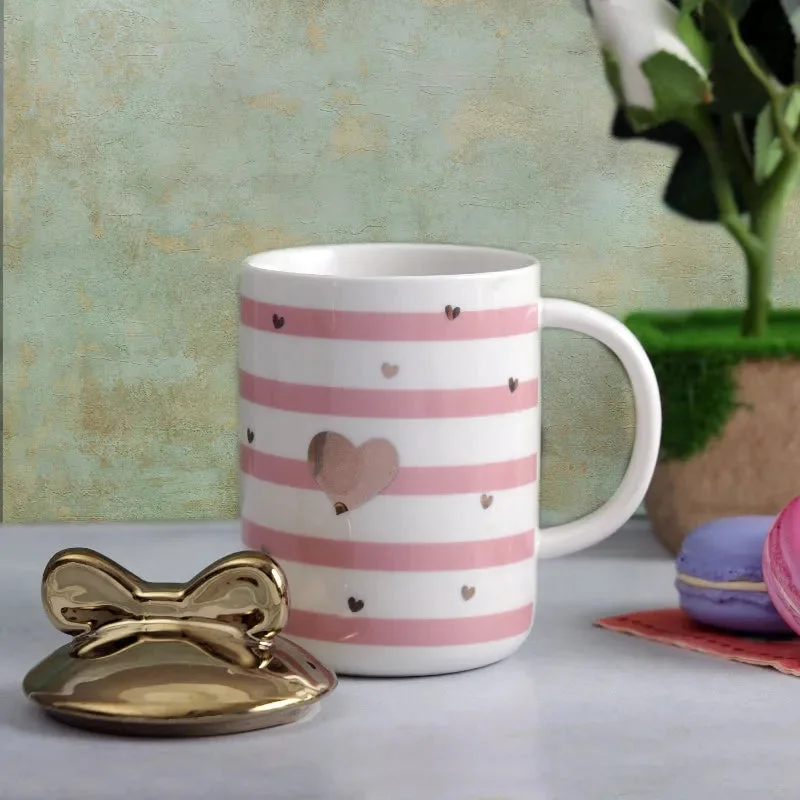 creative travel coffee mug for work -Sweetheart Striped Mug with Bow Lid | 350 ML