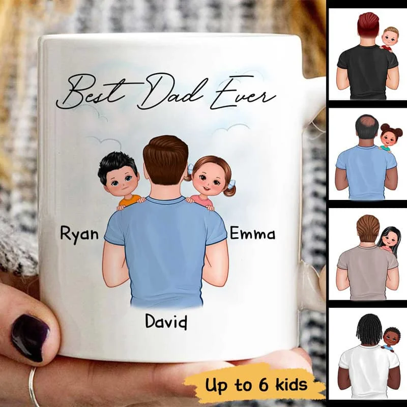 coffee cup with unique print -Dad Carrying Kids On Shoulder Gift Personalized Mug