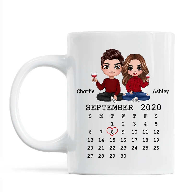 unique coffee mug for friends -Doll Couple Sitting Calendar Anniversary Date Gift For Him For Her Personalized Mug