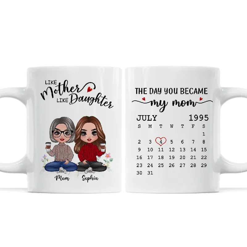 stainless steel coffee cup -Doll Like Mother Daughter The Day You Became My Mom Calendar Date Mother‘s Day Gift For Mom Personalized Mug