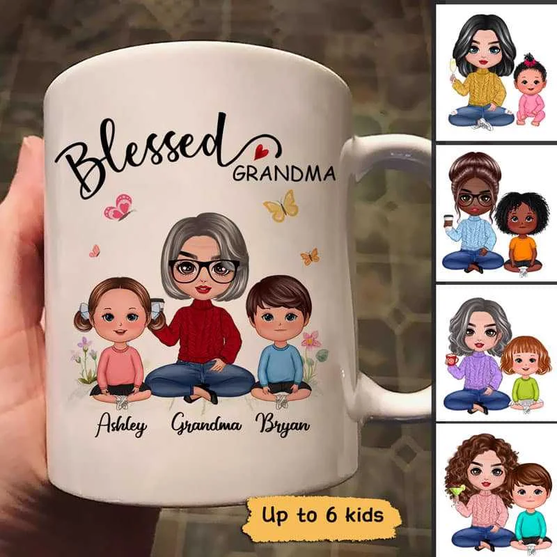 funny custom travel mug -Doll Flower Blessed Grandma Personalized Mug