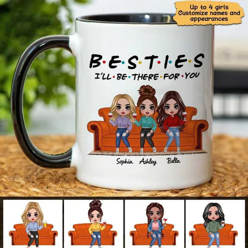 cute holiday coffee mug -Doll Girls Friends Sisters Besties On Couch Personalized Mug