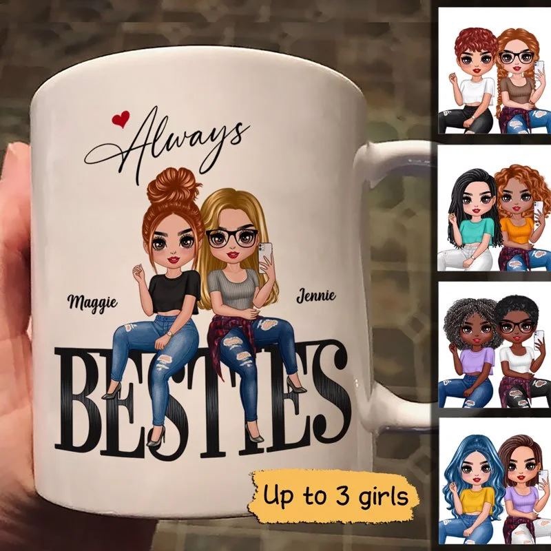 fun travel coffee mug with message -Doll Selfie Besties On Text Personalized Mug