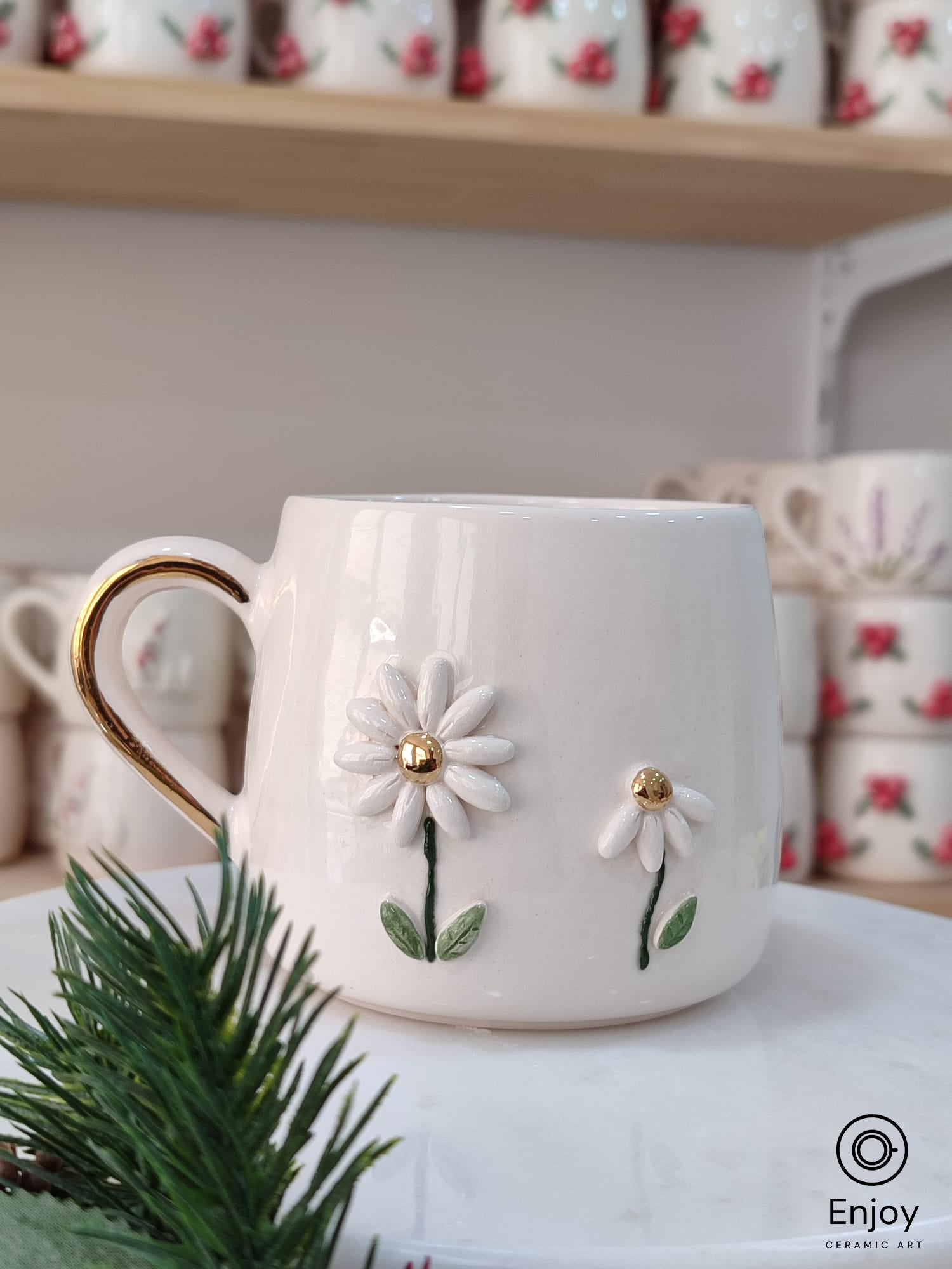 insulated coffee cup for cold drinks -Handmade Ceramic Double Daisy Mug - 10oz Daisy Tea Cup with Gold Handle